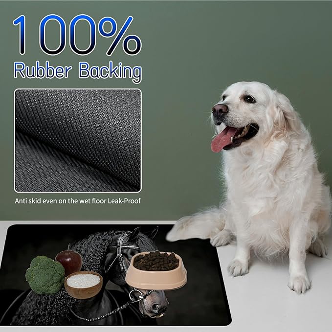 Dog Food Mat, 15.7" x 23.6" Absorbent Pet Feeding Mat for Food and Water, Waterproof Diatom Mud Pet Placemat with Non-Slip Rubber Backing, Easy Clean Cat Bowl Mat for Floors - Black Cool Horse