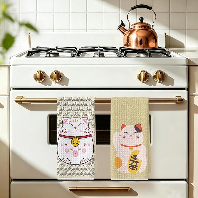 2 Pcs Japanese Lucky Cat Kitchen Towels 24x14 Inch, Maneki Neko Gifts Reusable Dish Towels for Kitchen Bathroom Decor, Waffle Weave Hand Cloth Tea Towel, Cute Cat Gifts for Women Mom Friend