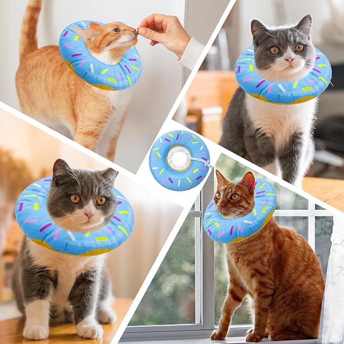 Seyezo Cat Cone Collar Soft, Adjustable Cat Recovery Collars Kitten Cones to Stop Licking, Cute Donut E Collar After Surgery, Anti-Lick Recovery Elizabethan Collar for Kittens(Donut Blue, Medium)