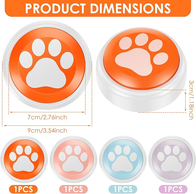 Set of 4 Dog Buttons for Communication, Voice Recording Button, Pet Interactivity 30 Second Record Button, Recordable Training Talking Buttons Starter Set, Communication Pet Training Buzzer