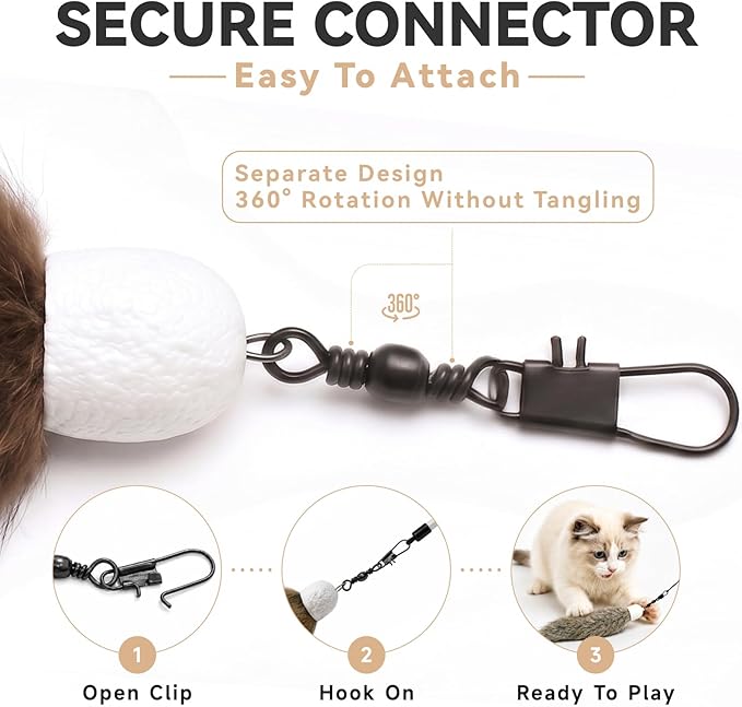 Natural Rabbit Fur Cat Toys Refills, 3 Pcs Silent Interactive Cat Wand Attachments for Indoor Cats, Handmade Fluffy Kitten Teaser Replacement Accessories (Brown, Grey, White)