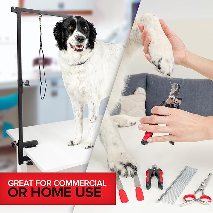 Modern Innovations Dog Grooming Arm, 12-Piece Dog Grooming Table Arm with Clamp & Tool Kit, Harness +Accessories for Small/Medium Dogs, Shears, Curved & Straight Haircut Scissors, Nail Clippers, Comb