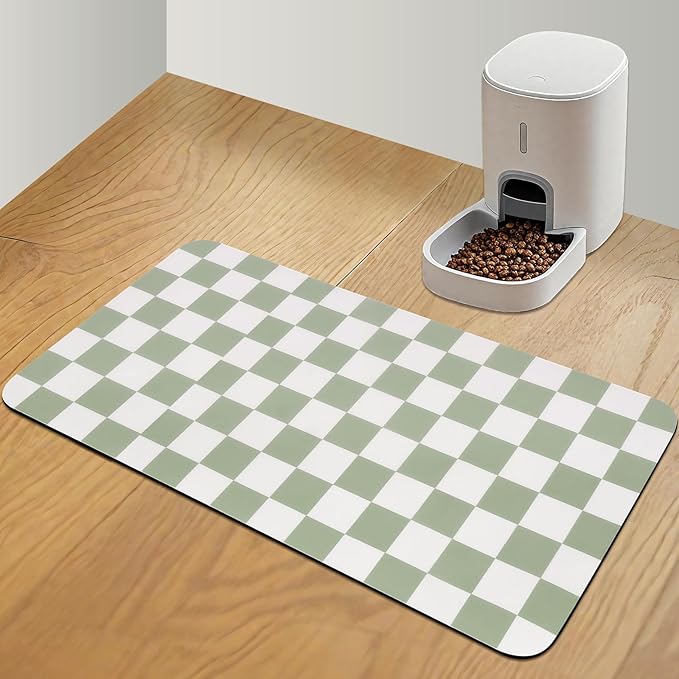 CooRug Checkered Dog Food Mat, Absorbent Leak-Proof Pet Feeding Mat, Quick Dry Cat Food Mat for Messy Drinkers 17" x 32" Green