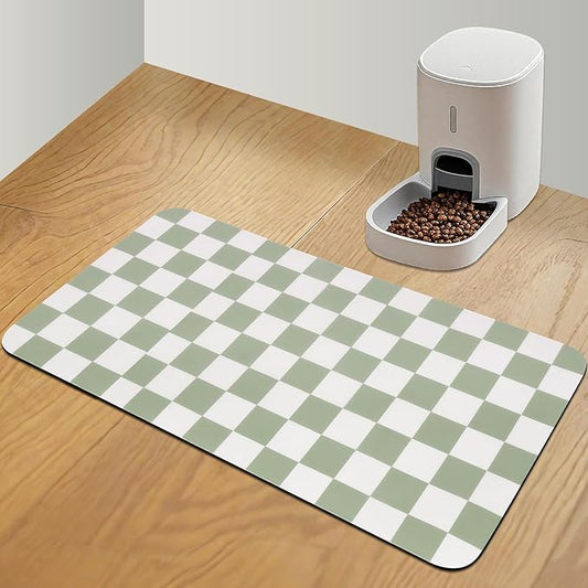 CooRug Checkered Dog Food Mat, Absorbent Leak-Proof Pet Feeding Mat, Quick Dry Cat Food Mat for Messy Drinkers 17" x 32" Green
