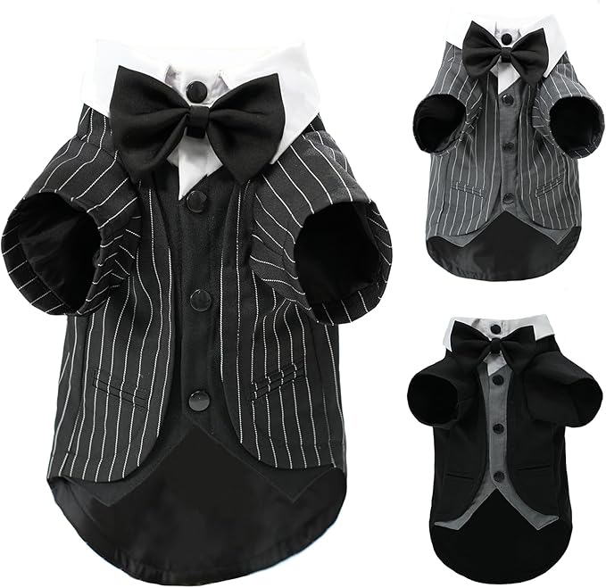 Dog Tuxedo Wedding Suit Shirt with Bow Tie, Formal Outfit Tux Attire for Puppy Small Medium Dogs Cats Costume (Pinstripe Black, Small)