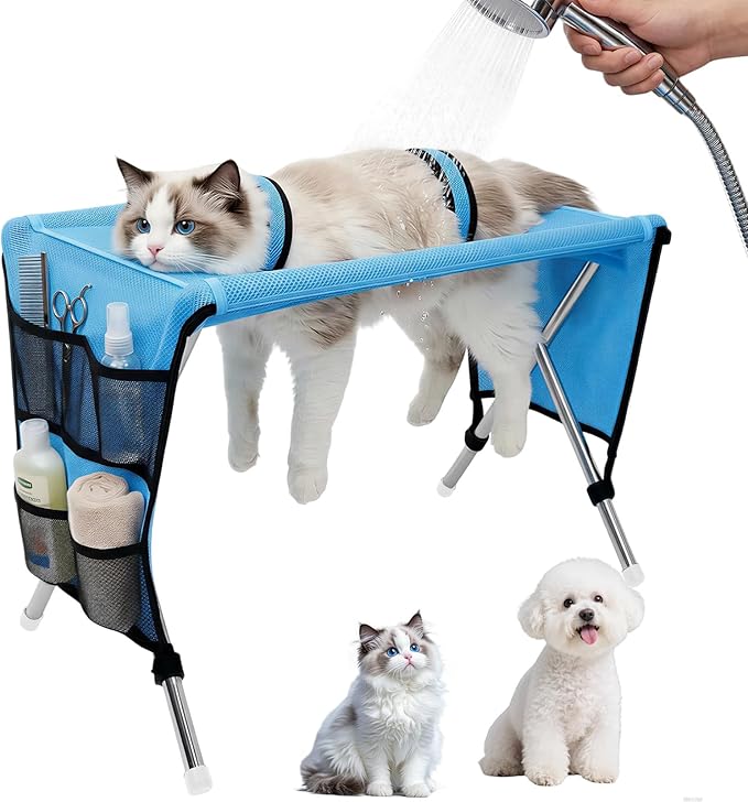 Pet Grooming Hammock for Small Dogs & Cats, Stainless Steel Bracket, 30-Pound Weight Capacity, Foldable Dog & Cat Grooming Table for Nail Trimming, Bathing & Care