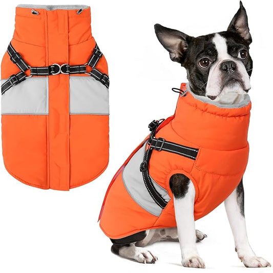 Dog Winter Coat, Waterproof Dog Coat Jacket with Harness for Medium Dogs Boys Girls, Reflective Fleece Lined Pet Snow Jacket Sweaters for Pug, Jack Russel, Boston Terrier, Orange M