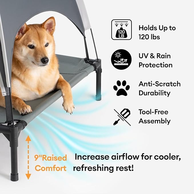 FUNNY FUZZY Elevated Dog Bed with Canopy,Grey, Large(36"x30"x7")–Outdoor Pet Cot with UV Protection, Breathable Mesh for Cooling, Indoor & Outdoor Use for Dogs up to 120 lbs