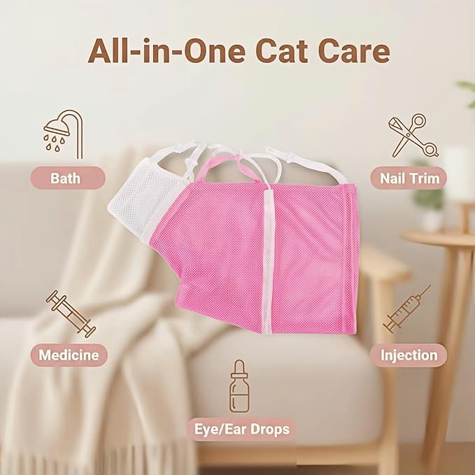 Cat Grooming Restraint Bag with Adjustable Drawstrings, Pink Mesh Bath Bag for Bathing, Nail Trimming, Ear Cleaning, Breathable Polyester with Zipper Design and Handheld Design (Pink)