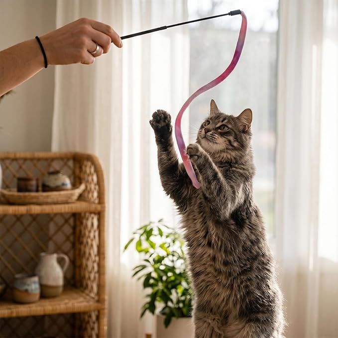 3 Pack Cute Cat Toy Wands Interactive Cat String Toys for Indoor Cats, Colorful Ribbon Cats Teaser Wand Ribbon Toys