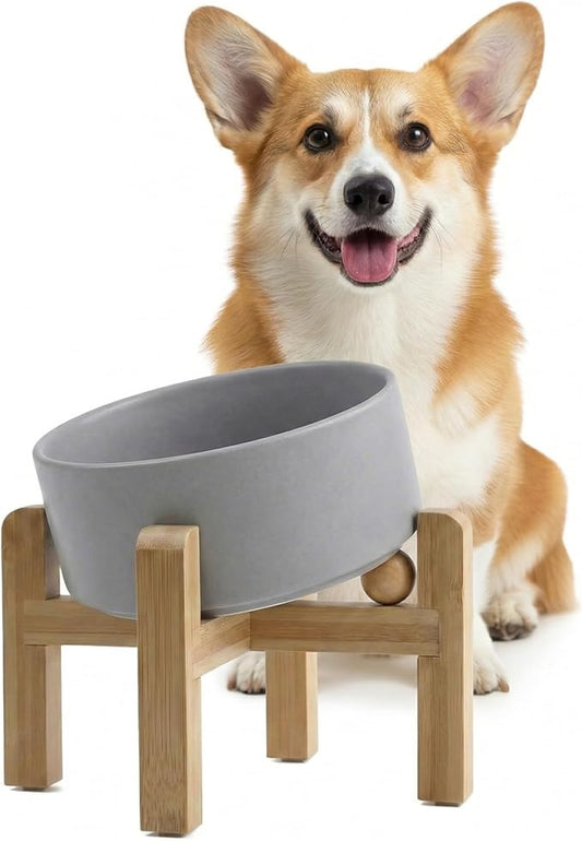 hjn Elevated Ceramic Dog Bowl 15°Slanted Raised Dog Bowl with Bamboo Stand for Small Medium Dogs and Cats, Pet Feeder-3.6-Cup (850ml)-Gray