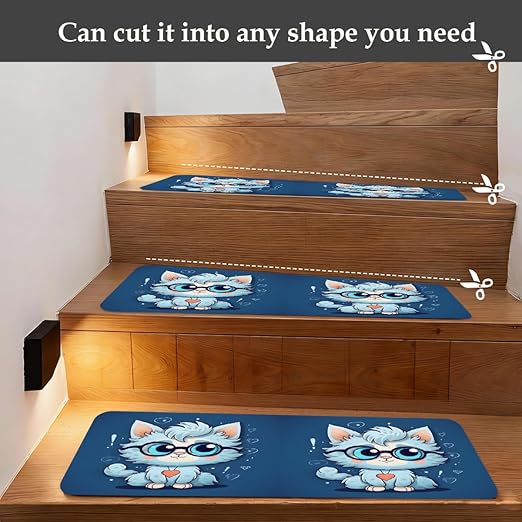Animal Cartoon Cute Cat Stair Treads for Wooden Steps Indoor Washable Staircase Carpet 15PCS 30"x7.8" Stair Step Treads Non-Slip Staircase Covers Peel and Stick Safety Mat for Kids Elders Pets