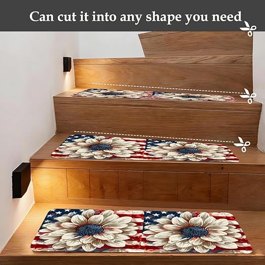 American Flag Flower Stair Treads for Wooden Steps Indoor Washable Staircase Carpet 10PCS 30"x7.8" Stair Step Treads Non-Slip Staircase Covers Peel and Stick Safety Mat for Kids Elders Pets
