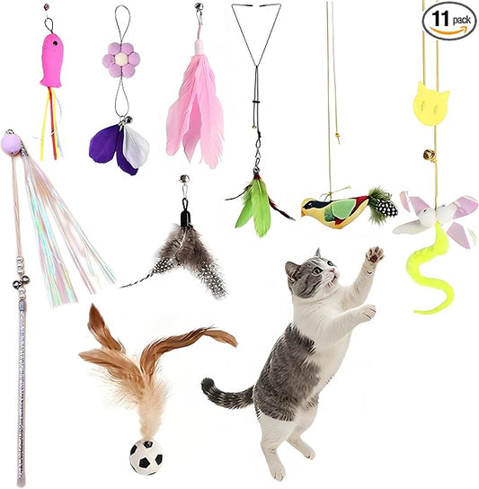Cat Wand Toys for Indoor Cats to Relieve Boredom - 4-in-1 Interactive Teaser Wand with Realistic Bird Chirping Sound, Bouncy Ball & Feathers for Adult Cats and Kittens