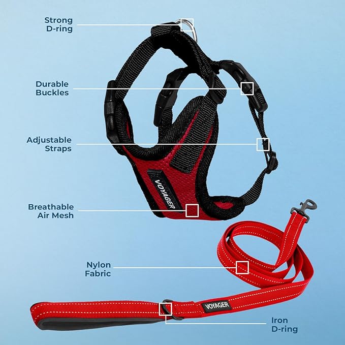 Best Pet Supplies Voyager Step-in Lock Pet Harness w Reflective Pet Leash Combo Set with Neoprene Handle 5ft - Supports Small, Medium and Large Breed Puppies/Cats - Red/Black Trim Set, M