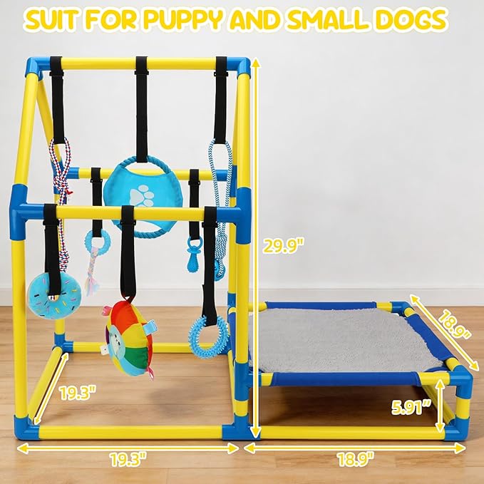 Puppy Play Gym with Hanging Toys, Dog Indoor Jungle Gym as Activities Center for Puppies, PVC Frame with 8 Enrichment Toys for Small Dogs Kitten and Other Pets