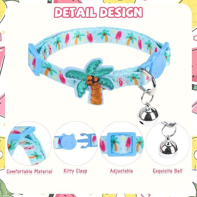 PUPTECK Cat Collar Breakaway with Bells, Kitten Collar Outfit Adjustable for Girl Boy Small Pet Puppy Bunny, Cute Costume Accessory with Safety Release Buckle (Sticker-Summer)