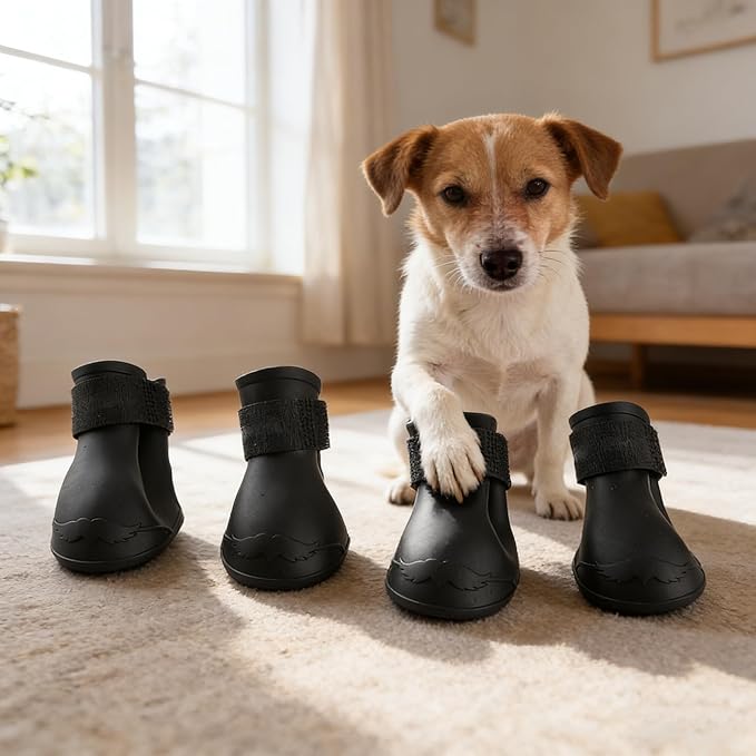 Yctze 4pcs Silicone Protective Dog Boots, Antislip Snow Shoes for Small Dogs, Ideal for French, Cute Pet Rain Wellies (L Black)