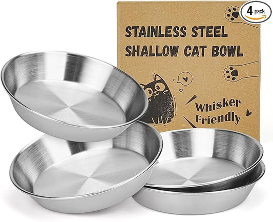 4-Pack Stainless Steel Cat Food Bowls, Shallow Whisker-Friendly Non-Slip Silicone Base Metal Dishes, Easy to Clean Indoor Water Flat Plates for Cat, Kitten, Small Dog (5.9")