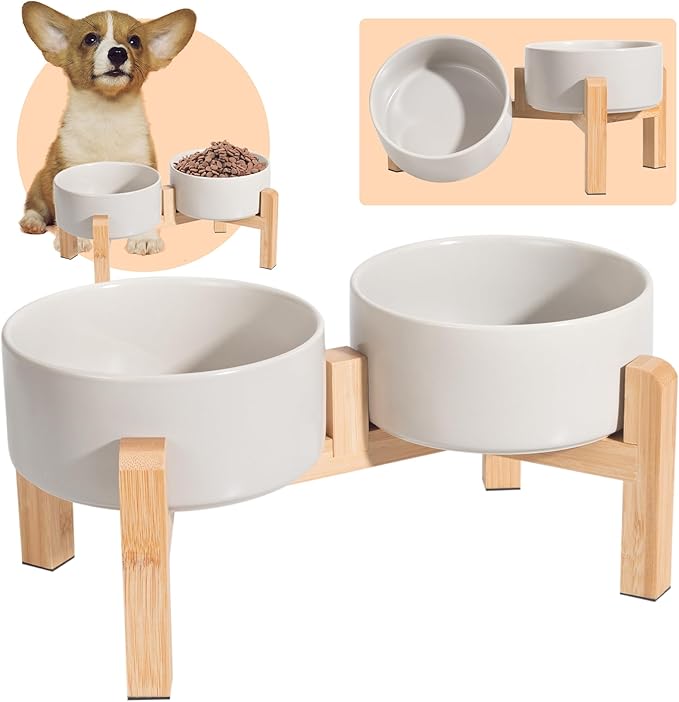 PTOBER Elevated Ceramic Dog Bowl Set - Double Feeding Bowls with Non-Slip Bamboo Stand - Raised Dog Dishes for Food and Water - Ideal for Small to Medium Breeds - 3.6 Cups