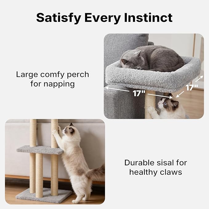 Veehoo Cat Perch with Cat Scratching Post, Couch Corner Protector for Cats, Tall Scratch Post with Cats Bed for Indoor Cats, Size S Fits 23"–24" High Sofa Armrest