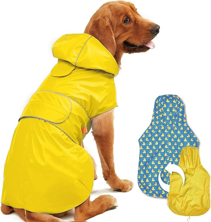 Kimee Dog Raincoat Reversible, Single Side Slicker Poncho Adjustable Waterproof Dog Rain Jacket with Leash Hole/Reflective Stripe Hooded Snowproof Windproof Clothes for Small to 3X-Large Dogs, M