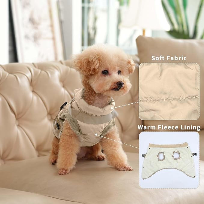 JoyDaog Dog Jacket with Harness,Fleece Lined Warm Puppy Coat for Winter,Soft Windproof Medium Dog Vest,Khaki L