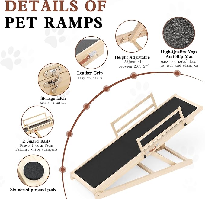 Dog Ramp for High Bed, Couch, Car, Pet Ramps 47" Long Adjustable 6 Height from 20.3"-27" Wooden Dog Step with Anti-slip Yoga Mat & Safety Side Rails for Small Medium Older Pets, up to 200 lbs