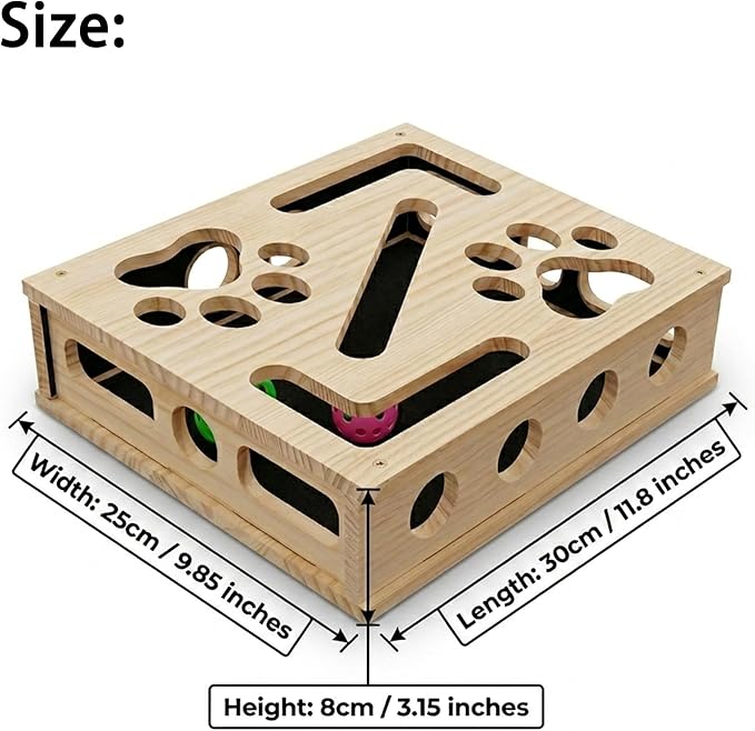 Cat Scratch Puzzle Enrichment Box, Large Solid Wood Cat Nail File Box with Sandpaper and 3 Bell Balls, Stress Free Alternative to Clippers & Grinders, Interactive Cat Toy for Indoor Cats Claw Care (A)
