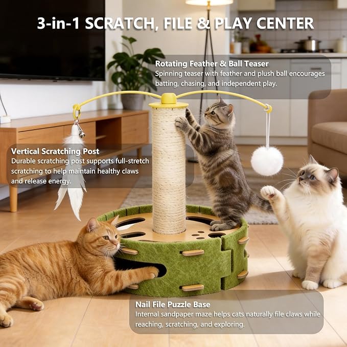 Cat Nail File Scratcher, Cat Claw Saver Box with Scratching Post, Interactive Cat Scratch Puzzle Box with Rotating Teaser & Replace Sandpaper for Indoor Cats (3 Bell Ball)