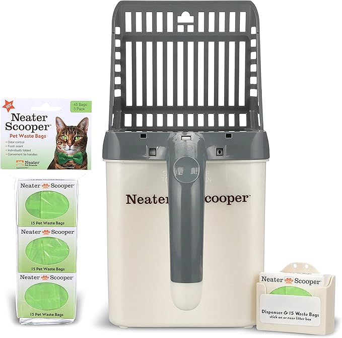 Neater Pet Brands Neater Scooper Standard Litter Scoop, 60 Refill Bags – Mess-Free Cat Litter Scooper with Bag, Spill-Proof Kitty Box Sifter, Bin Doubles as Scoop Holder, For Single-Cat Households
