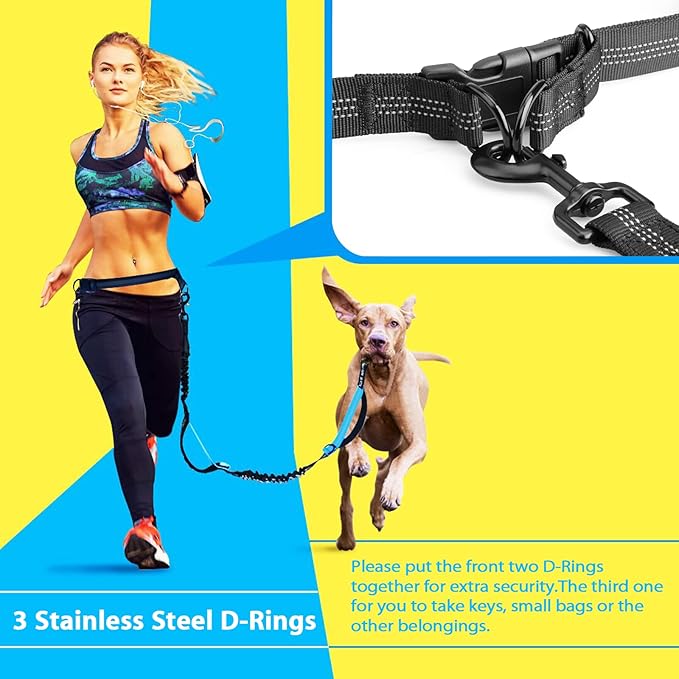 Uppetly Hands Free Dog Running Leash with Adjustable Waist Belt, Dual Handle Elastic Bungees Retractable Rope for Small and Medium Dogs, Reflective Stitches for Walking Hiking Biking (Large, 25-120lb)