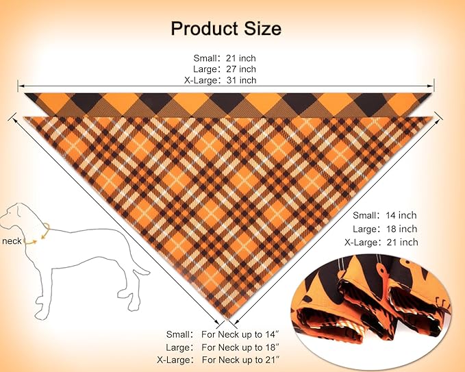 Fall Dog Bandanas 2PCS-XLarge,Halloween Dog Bandana,One Side Orange Plaid,The Other Side Pumpkin or Spider Web Bibs,Holiday Pet Scarf for Boy and Girl Dogs,Thanksgiving Pet Outfit for Extra Large Dogs