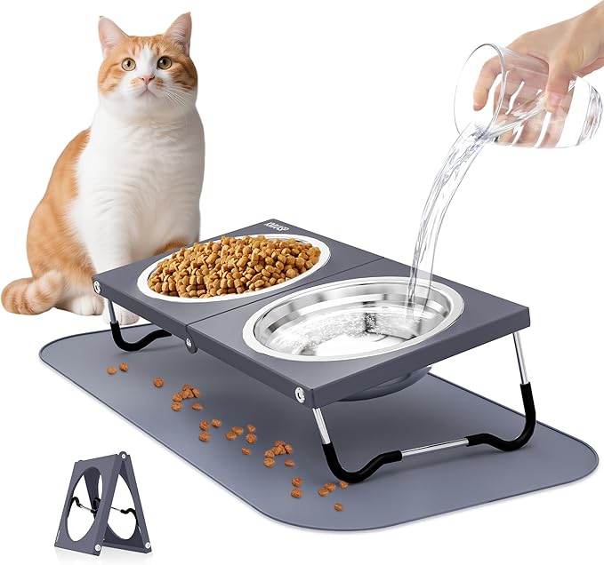 Upgraded Elevated Cat Bowls with Food Mat,10°Tilted Foldable Stand Anti Vomiting Raised Cat Dishes for Food and Water,2 Stainless Steel Bowls for Cats and Puppy(with Mat)