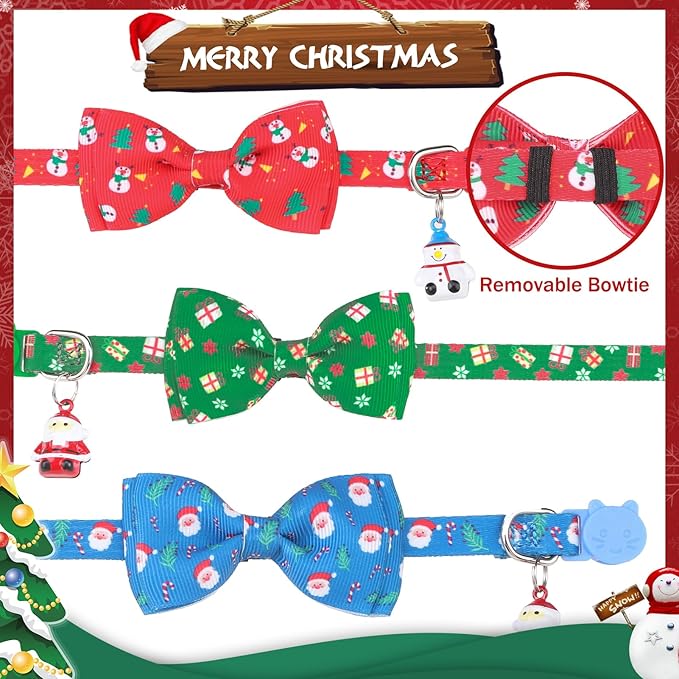 PUPTECK Cat Collar Breakaway with Bells, Kitten Collar Outfit Adjustable for Girl Boy Small Pet Puppy Bunny, Cute Costume Accessory with Safety Release Buckle (Bowtie-Christmas)