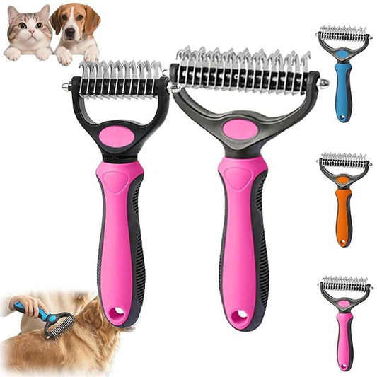 Pet Pro Grooming Tool, 2-in-1 Deshedding Dog Brush with 9/17 Teeth Undercoat Rake for Dogs & Cats, Dual-Sided Stainless Steel Pet Comb for Long Hair & Thick Coats, Non-Slip Ergonomic Handle (Pink-S+L)