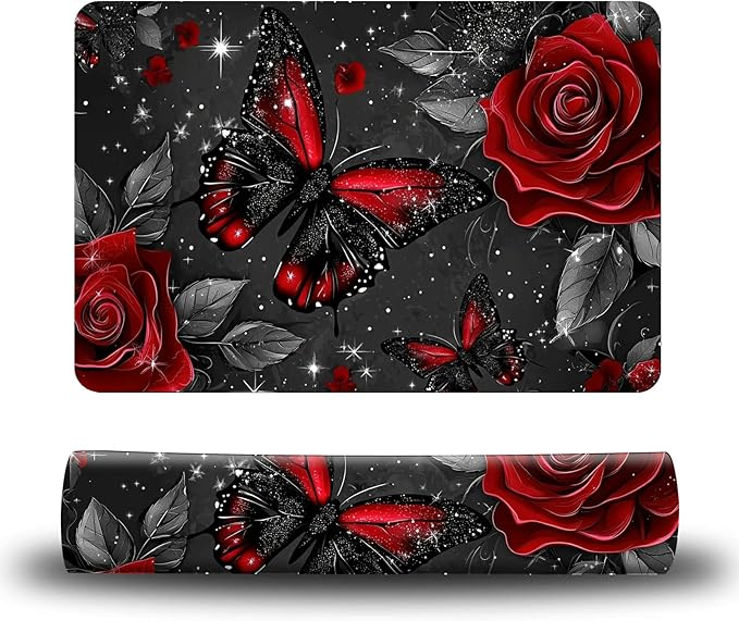 Dog Food Mat, 19.6" x 23.6" Absorbent Pet Feeding Mat for Food and Water, Waterproof Diatom Mud Pet Placemat with Non-Slip Rubber Backing, Cat Bowl Mat for Floors - Red Rose Butterfly