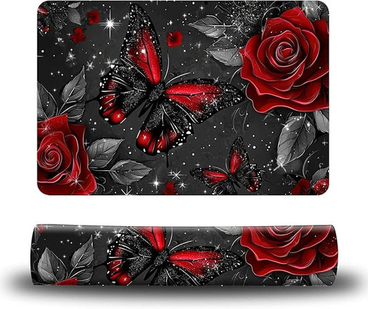 Dog Food Mat, 19.6" x 23.6" Absorbent Pet Feeding Mat for Food and Water, Waterproof Diatom Mud Pet Placemat with Non-Slip Rubber Backing, Cat Bowl Mat for Floors - Red Rose Butterfly
