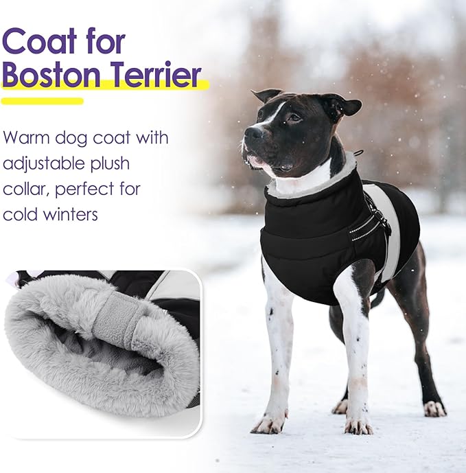 Dog Winter Coat, Waterproof Dog Coat Jacket with Harness for Medium Dogs Boys Girls, Reflective Fleece Lined Pet Snow Jacket Sweaters for Pug, Jack Russel, Boston Terrier, Black M