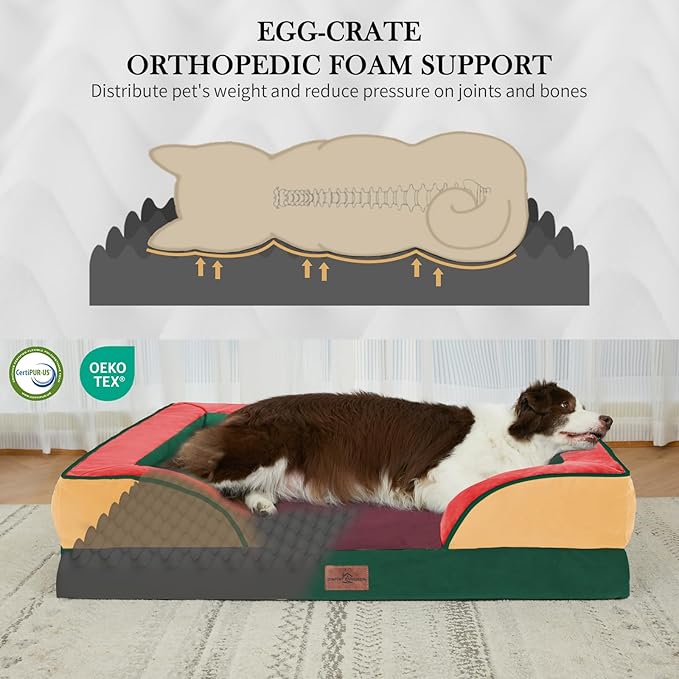 Comfort Expression Orthopedic Dog Bed for Large Dogs 36x27 Inch, Waterproof Egg Crate Foam Large Pet Bed with Bolsters, Dog Couch with Washable Cover & Non-Slip Bottom, Watermelon Meadow