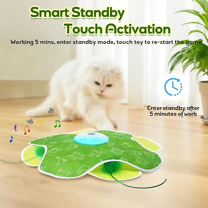 Saolife Interactive Cat Toys with Moving Feather Concealed in Mat, Rechargeable Cat Exercise Toys for Bored Cats with Motion Activated, Mouse Squeaky (Green)