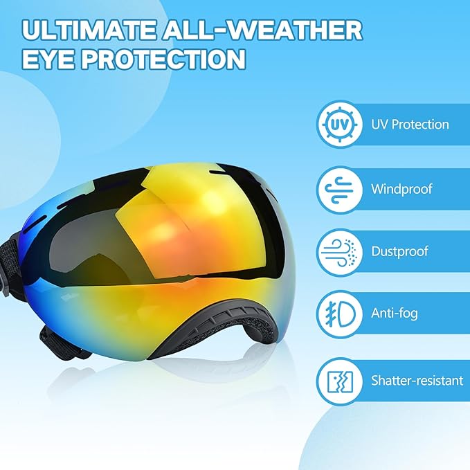 Dog Goggles for Medium to Large Breeds, Stylish Pet Sunglasses with Rainbow PC Lens, Soft TPU Frame & Adjustable Straps, Windproof Dustproof UV Protection Eyewear for Outdoor Riding Hiking (Black)