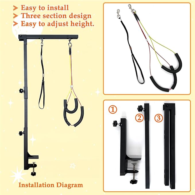 Dog Grooming Arm with Pet Grooming Hammock, 36” Dog Grooming Table Arm Height Adjustable Two No Sit Haunch Holder Three Section Design Suitable for Medium, Small Dogs, and Cats