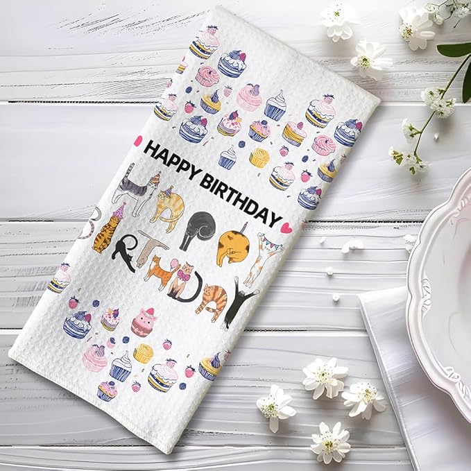 Happy Birthday Cat Kitchen Towels - Quick-Dry Cat-Shaped Letter Spell-Out Art, Decorative Dish Towel for Celebratory Pet Moms & Feline Ladies | Whimsical Hand Cloth Home Accent, Purrfect Birthday Gift