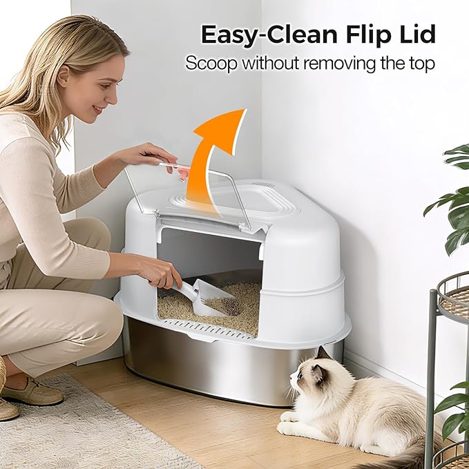Chumajor XXL Stainless Steel Corner Cat Litter Box with Lid - Sturdy, No Odor & Space-Saving Hidden Design for Large Cats, White