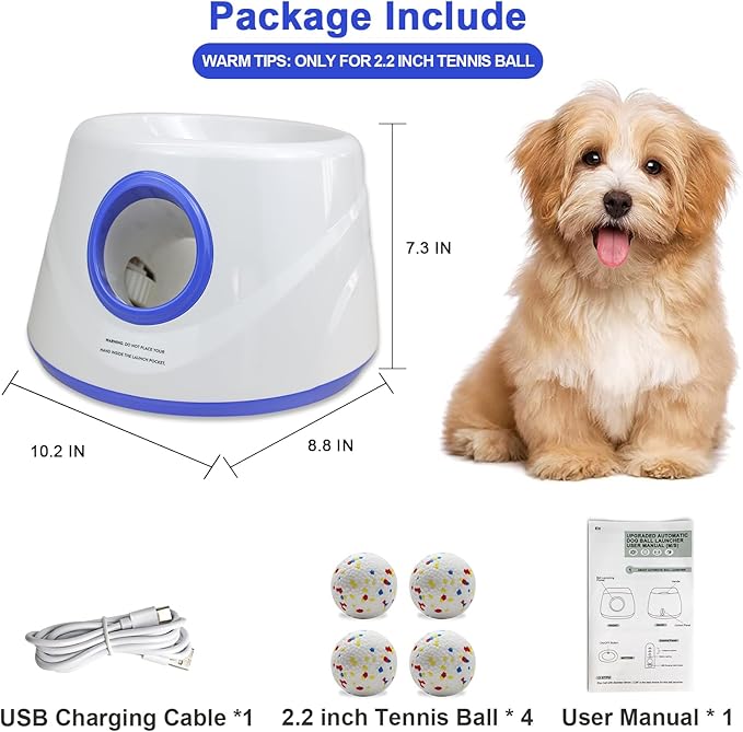 SOCO Automatic Ball Launcher for Dogs with Random Mode, 3 Settings to 45FT, Rechargeable Small Dog Ball Thrower with 4 2.2" ETPU Tennis Balls for Small Medium Breeds