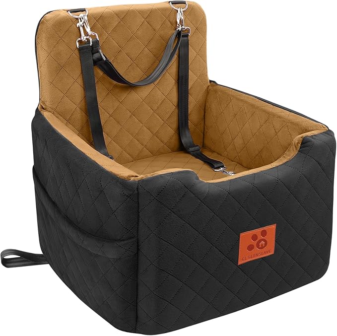 GL GLENSLAVE Dog Car Seat for Small/Medium Dogs Under 35lbs,Memory Foam Dog Booster Seats,Detachable and Washable Traval Pet Car Seat, Dogs Bed with 2 Safety Belts (Black/Coffee)