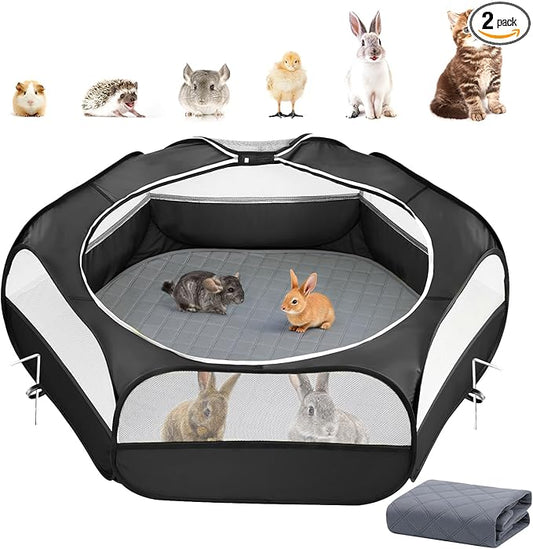 2-in-1 Small Animals Playpen with Pad, Waterproof Small Pet Cage Tent with Reusable Pad, Portable Outdoor Yard Fence with 3 Metal Rod for Chick/Kitten/Puppy/Guinea Pig/Rabbits/Chinchillas, Black+Gray