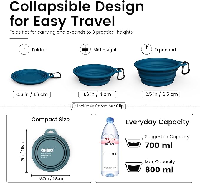 OHMO Large Collapsible Dog Bowls, (2 Pack 27oz/800ml) Premium Silicone Portable Travel Water Food Foldable Bowls Pet Feeding Bowl for Outdoor Camping Hiking