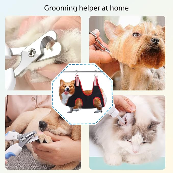 Dog Grooming Hammock Harness, Pet Hammock for Grooming with 2 S Hooks, Dog Sling Harness for Cats&Dogs Teeth Cleaning, Shower, Nail Clipping Small&Medium Breed (Black S)